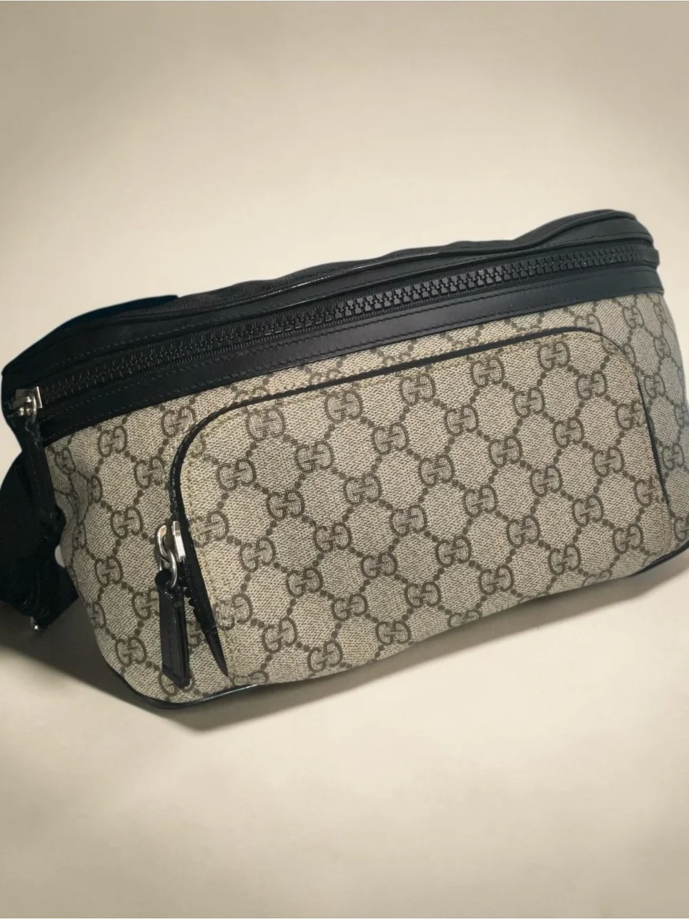 Gucci GG Supreme Monogram Belt Bag with Black Trim